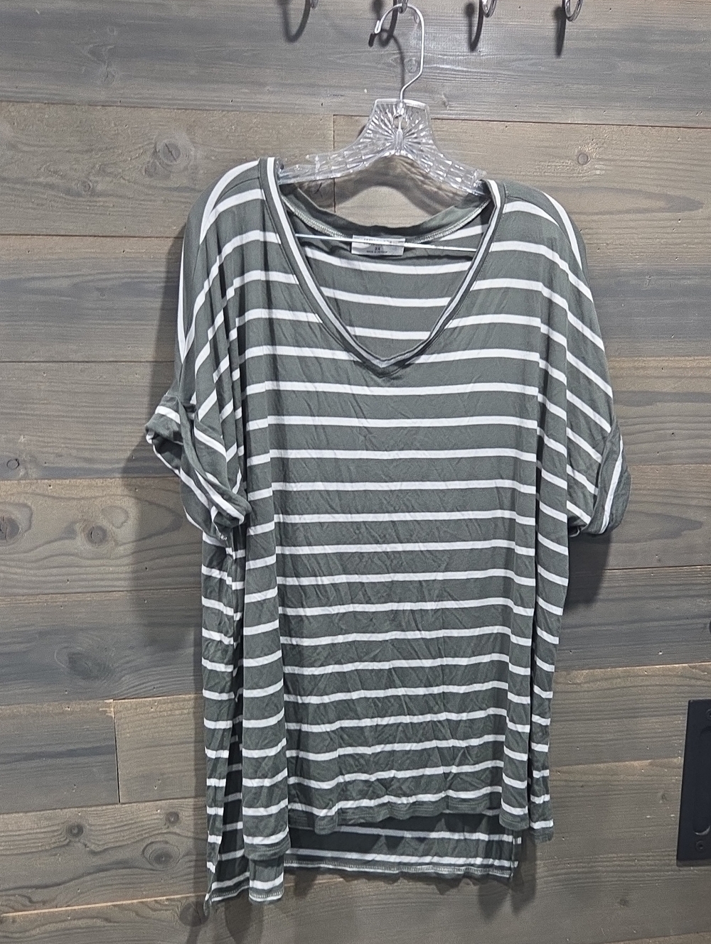 Zenana Outfitters Olive Green and White Striped V‑Neck Short Sleeve Top